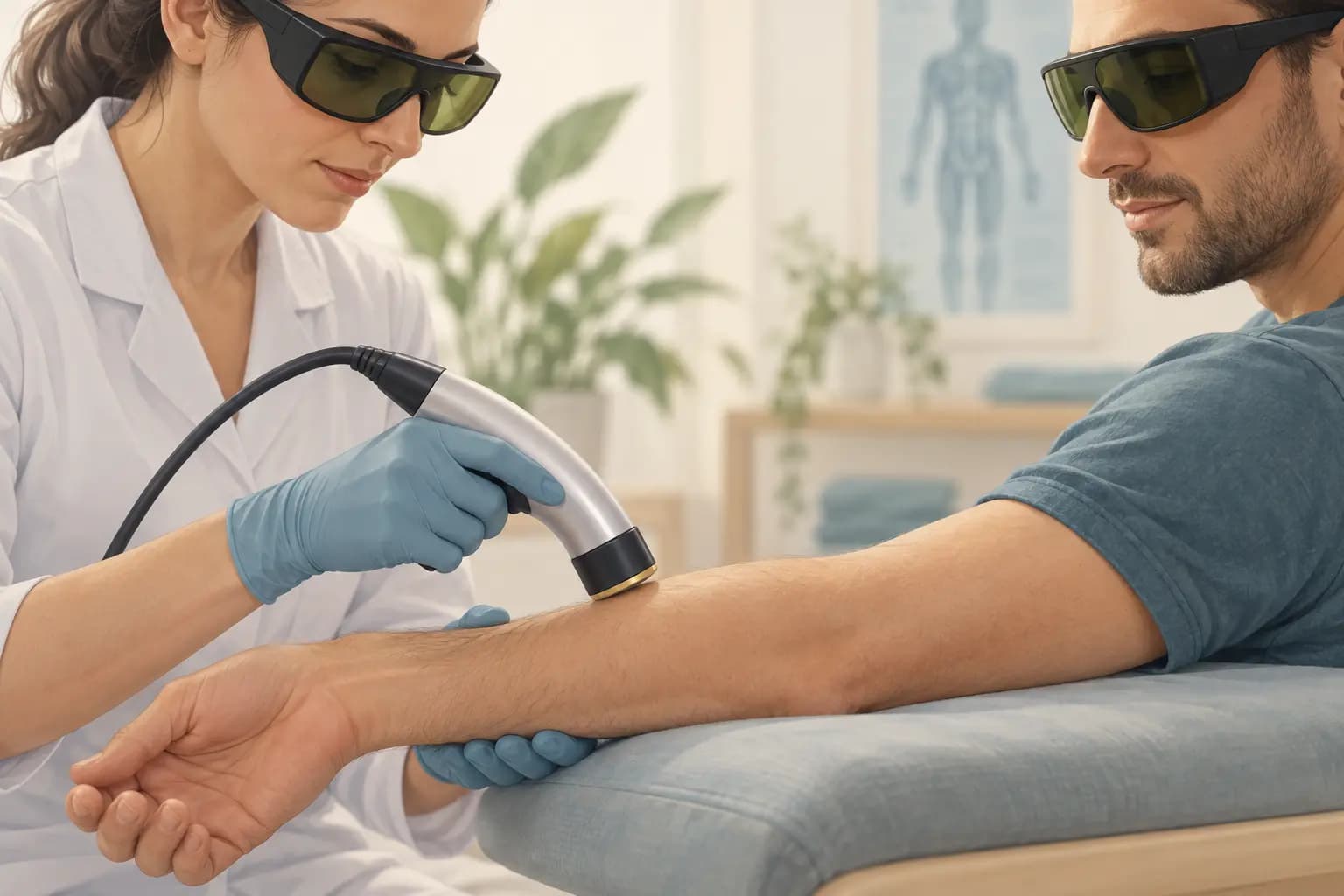 Ilustración de una aplicación de terapia láser en el antebrazo.