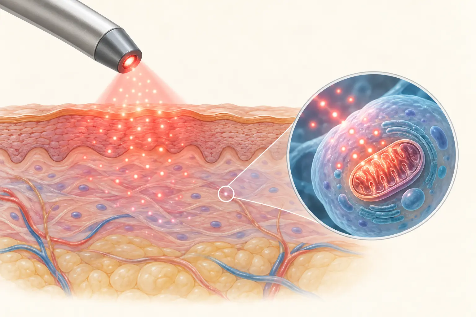 Esquema conceptual de la luz aplicada sobre capas de tejido y una célula ampliada.