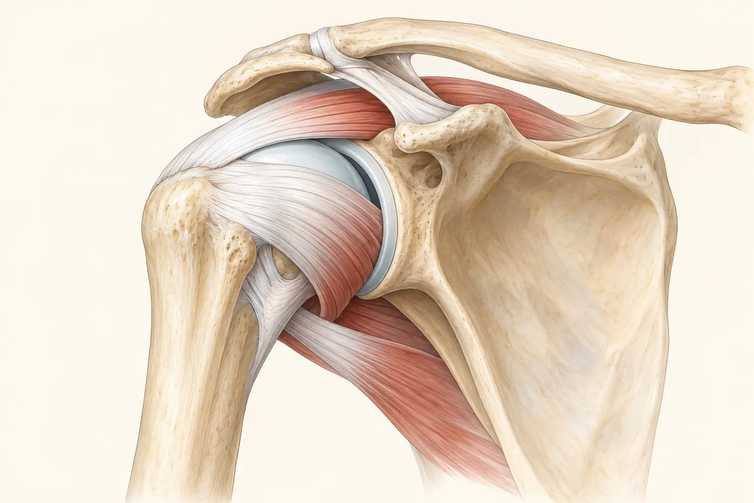 Ilustración simplificada de los huesos y tendones de la articulación del hombro.